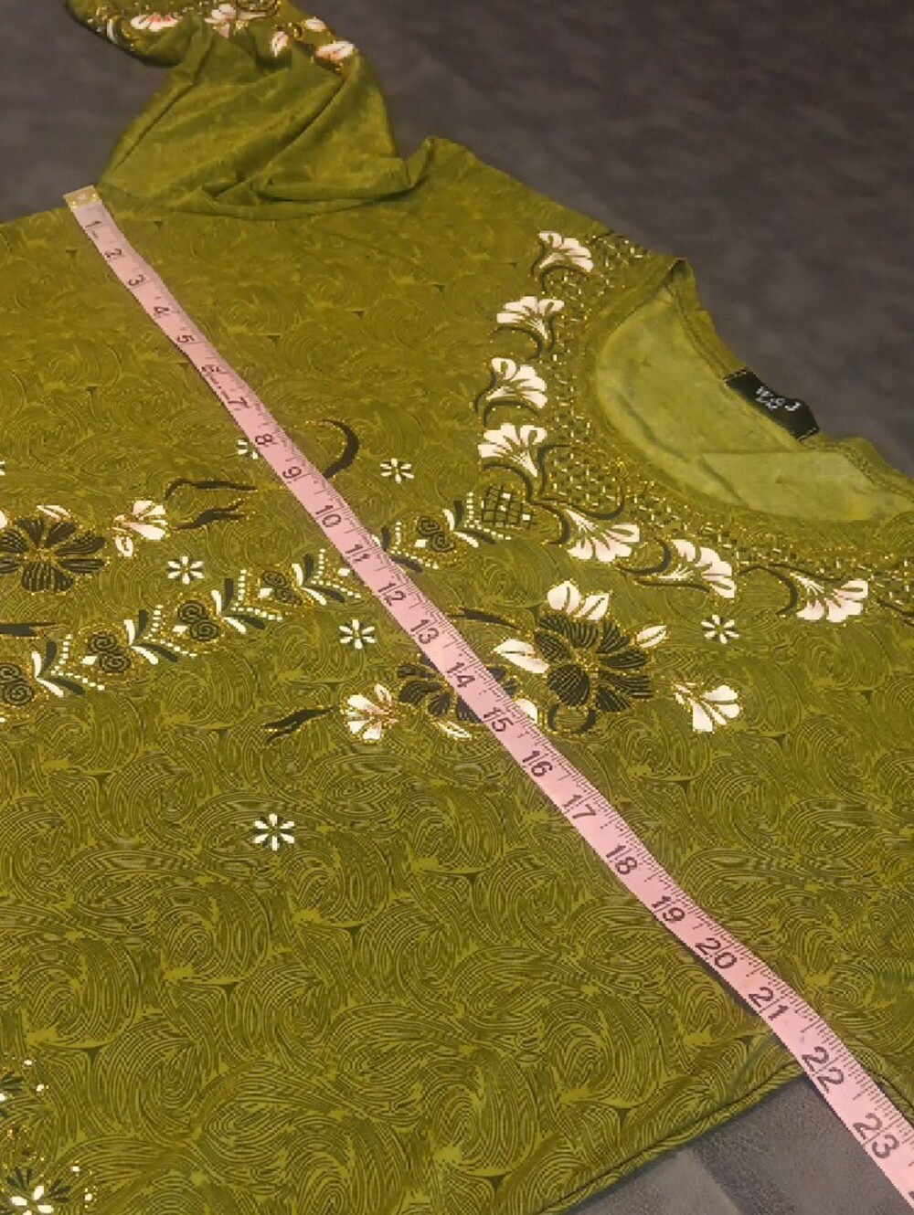 Olive Green Long-Sleeve Floral Tunic Blouse With Glitter Effects Around Print - Picture 7 of 10